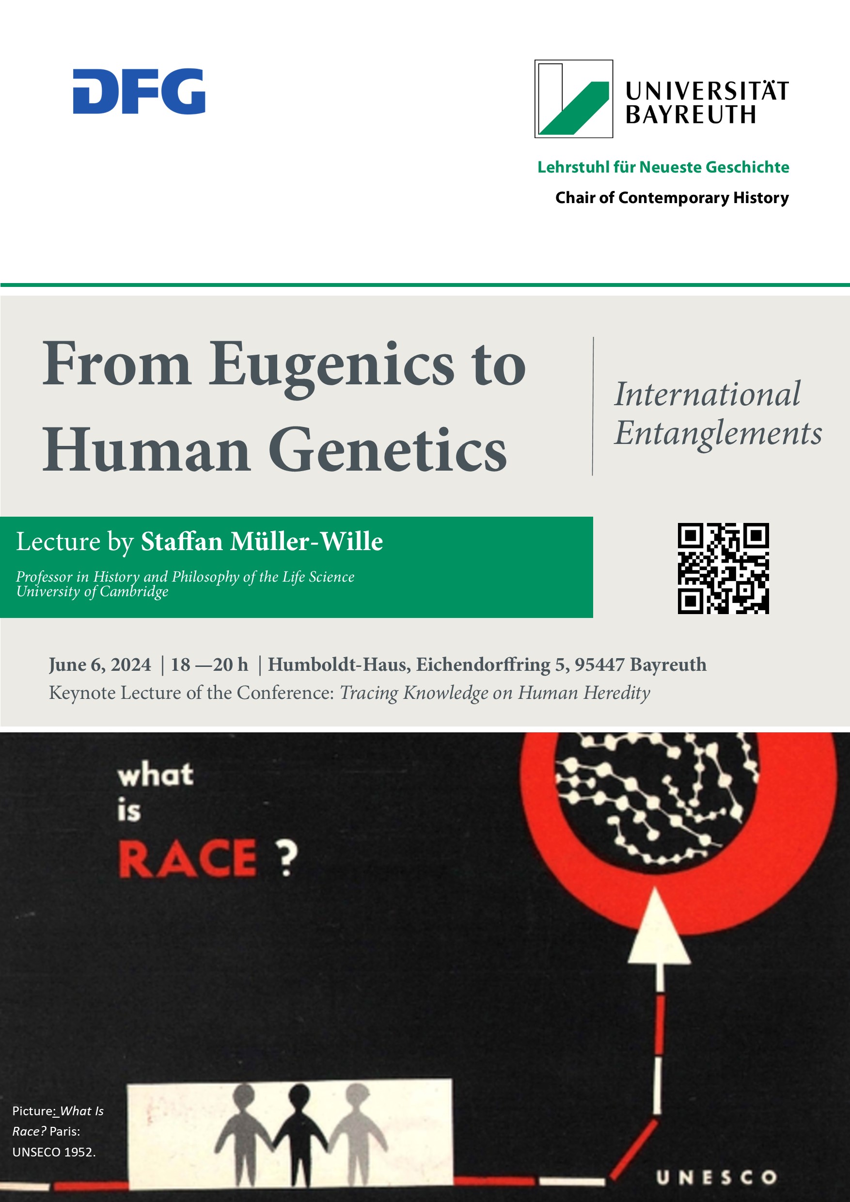 Ankündigungsplakat für den Vortrag von Staffan Müller-Wille mit dem Deckblatt der Broschüre "What ist Race" von der Unesco aus dem Jahr 1951